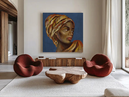 African Beauty I Blue by Silvia Vassileva. Shown as extra-large giant wall art in a modern living room. Available as an archival giclee rolled canvas, fine art paper, or poster print. SKU 72626a.