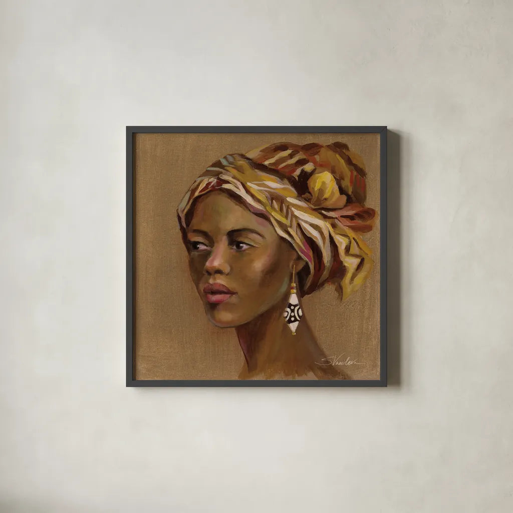 African Beauty II by Silvia Vassileva. Shown in a sleek black glass frame for a contemporary gallery look. Available as an archival giclee rolled canvas, fine art paper, or poster print. SKU 70486a.