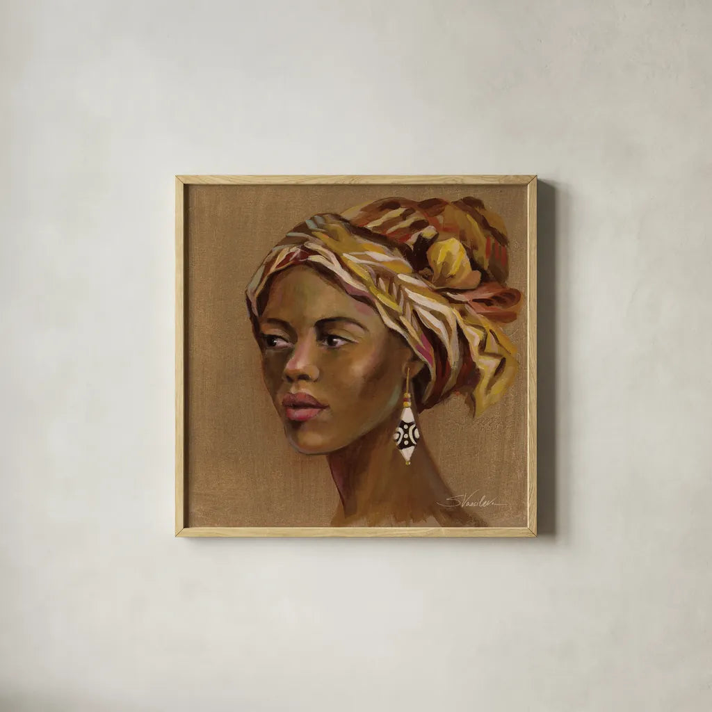African Beauty II by Silvia Vassileva. Shown in a natural wood glass frame for a timeless modern aesthetic. Available as an archival giclee rolled canvas, fine art paper, or poster print. SKU 70486a.