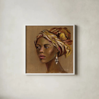 African Beauty II by Silvia Vassileva. Shown in a crisp white glass frame for a clean and minimalist style. Available as an archival giclee rolled canvas, fine art paper, or poster print. SKU 70486a.
