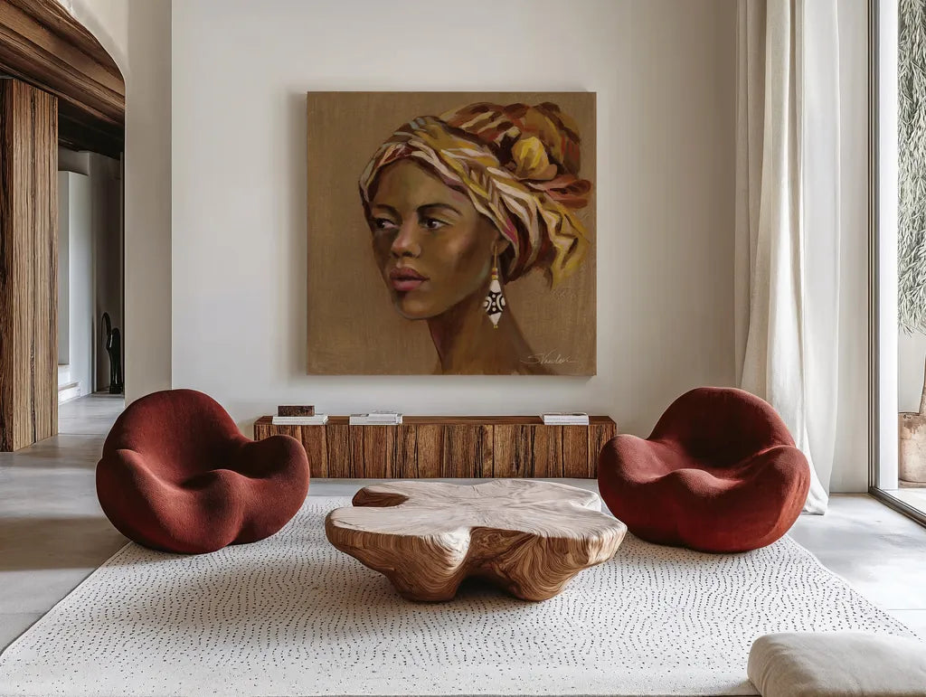 African Beauty II by Silvia Vassileva. Shown as extra-large giant wall art in a modern living room. Available as an archival giclee rolled canvas, fine art paper, or poster print. SKU 70486a.