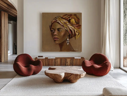 African Beauty II by Silvia Vassileva. Shown as extra-large giant wall art in a modern living room. Available as an archival giclee rolled canvas, fine art paper, or poster print. SKU 70486a.