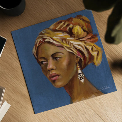 African Beauty II Blue by Silvia Vassileva. Shown as a detailed flat fine art print, highlighting archival giclee quality. Available as an archival giclee rolled canvas, fine art paper, or poster print. SKU 72627a.
