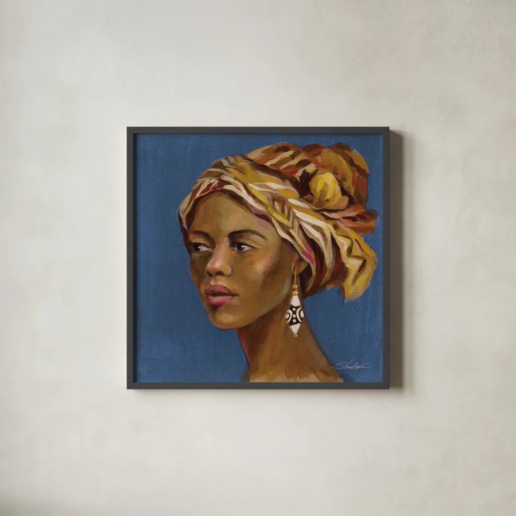 African Beauty II Blue by Silvia Vassileva. Shown in a sleek black glass frame for a contemporary gallery look. Available as an archival giclee rolled canvas, fine art paper, or poster print. SKU 72627a.