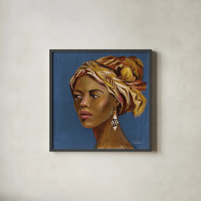 African Beauty II Blue by Silvia Vassileva. Shown in a sleek black glass frame for a contemporary gallery look. Available as an archival giclee rolled canvas, fine art paper, or poster print. SKU 72627a.