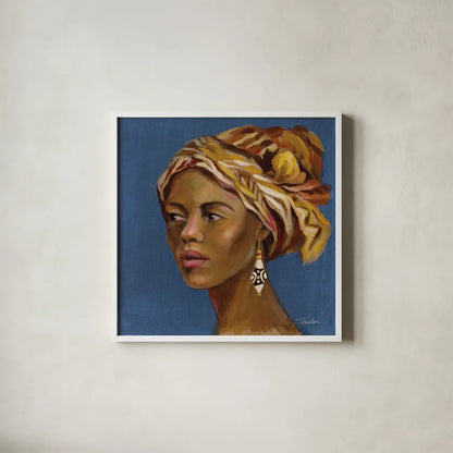 African Beauty II Blue by Silvia Vassileva. Shown in a crisp white glass frame for a clean and minimalist style. Available as an archival giclee rolled canvas, fine art paper, or poster print. SKU 72627a.