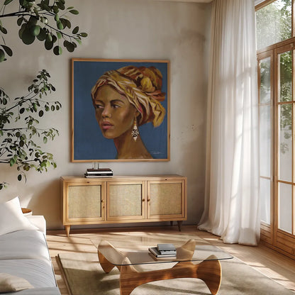 African Beauty II Blue by Silvia Vassileva. Shown in a natural wood frame in a cozy modern living room. Available as an archival giclee rolled canvas, fine art paper, or poster print. SKU 72627a.