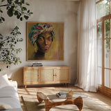 African Face I by Silvia Vassileva. Shown in a natural wood frame in a cozy modern living room. Available as an archival giclee rolled canvas, fine art paper, or poster print. SKU 65247a.