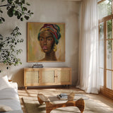 African Face II by Silvia Vassileva. Shown in a natural wood frame in a cozy modern living room. Available as an archival giclee rolled canvas, fine art paper, or poster print. SKU 65248a.