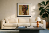 African Face II by Silvia Vassileva. Displayed in a glass frame with matte in a clean modern living room. Available as an archival giclee rolled canvas, fine art paper, or poster print. SKU 65248a.