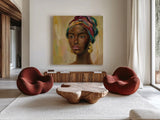 African Face II by Silvia Vassileva. Shown as extra-large giant wall art in a modern living room. Available as an archival giclee rolled canvas, fine art paper, or poster print. SKU 65248a.