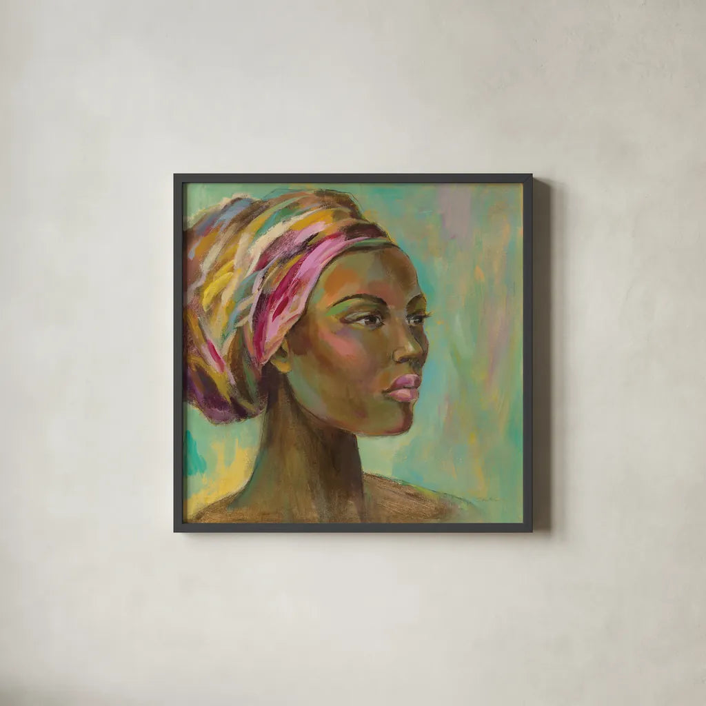 African Woman I by Silvia Vassileva. Shown in a sleek black glass frame for a contemporary gallery look. Available as an archival giclee rolled canvas, fine art paper, or poster print. SKU 64160a.