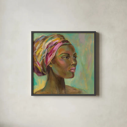 African Woman I by Silvia Vassileva. Shown in a sleek black glass frame for a contemporary gallery look. Available as an archival giclee rolled canvas, fine art paper, or poster print. SKU 64160a.