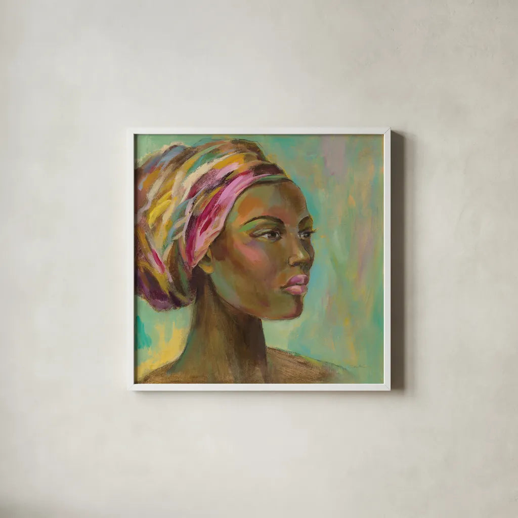 African Woman I by Silvia Vassileva. Shown in a crisp white glass frame for a clean and minimalist style. Available as an archival giclee rolled canvas, fine art paper, or poster print. SKU 64160a.