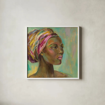 African Woman I by Silvia Vassileva. Shown in a crisp white glass frame for a clean and minimalist style. Available as an archival giclee rolled canvas, fine art paper, or poster print. SKU 64160a.