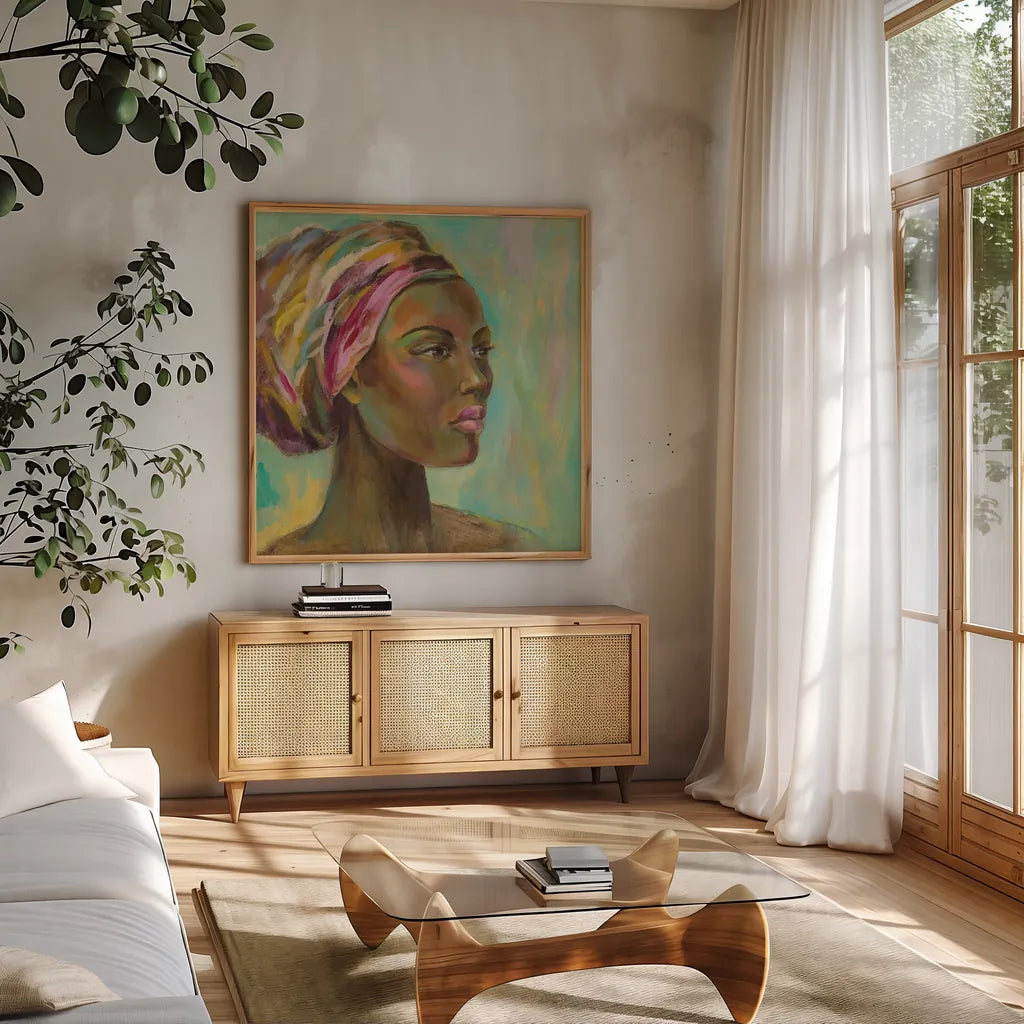 African Woman I by Silvia Vassileva. Shown in a natural wood frame in a cozy modern living room. Available as an archival giclee rolled canvas, fine art paper, or poster print. SKU 64160a.