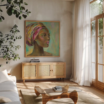 African Woman I by Silvia Vassileva. Shown in a natural wood frame in a cozy modern living room. Available as an archival giclee rolled canvas, fine art paper, or poster print. SKU 64160a.