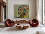 African Woman II by Silvia Vassileva. Shown as extra-large giant wall art in a modern living room. Available as an archival giclee rolled canvas, fine art paper, or poster print. SKU 64161a.