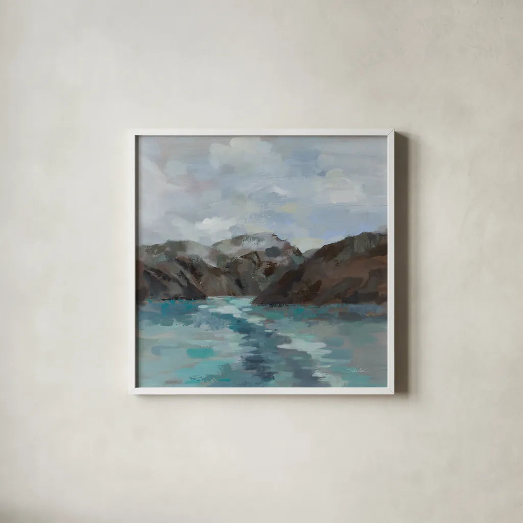 Alaska Passage by Silvia Vassileva. Shown in a crisp white glass frame for a clean and minimalist style. Available as an archival giclee rolled canvas, fine art paper, or poster print. SKU 96737a.