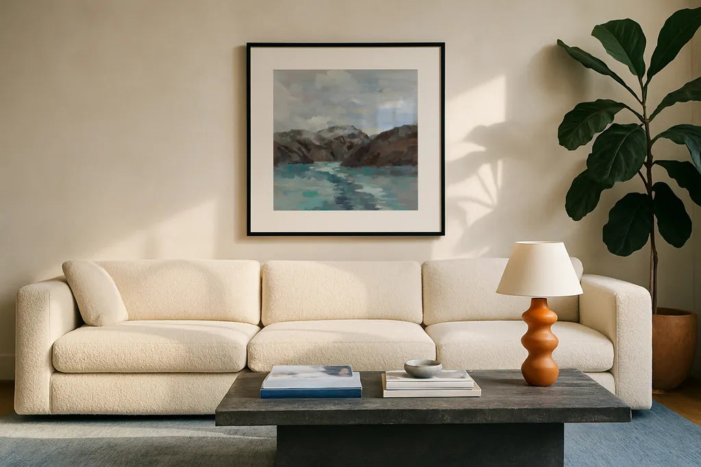 Alaska Passage by Silvia Vassileva. Displayed in a glass frame with matte in a clean modern living room. Available as an archival giclee rolled canvas, fine art paper, or poster print. SKU 96737a.