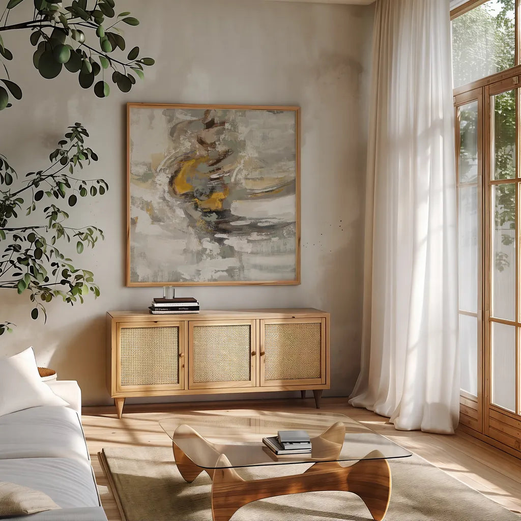 Amber Ring by Silvia Vassileva. Shown in a natural wood frame in a cozy modern living room. Available as an archival giclee rolled canvas, fine art paper, or poster print. SKU 27120a.