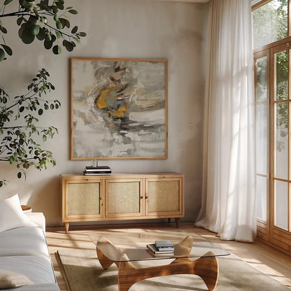 Amber Ring by Silvia Vassileva. Shown in a natural wood frame in a cozy modern living room. Available as an archival giclee rolled canvas, fine art paper, or poster print. SKU 27120a.