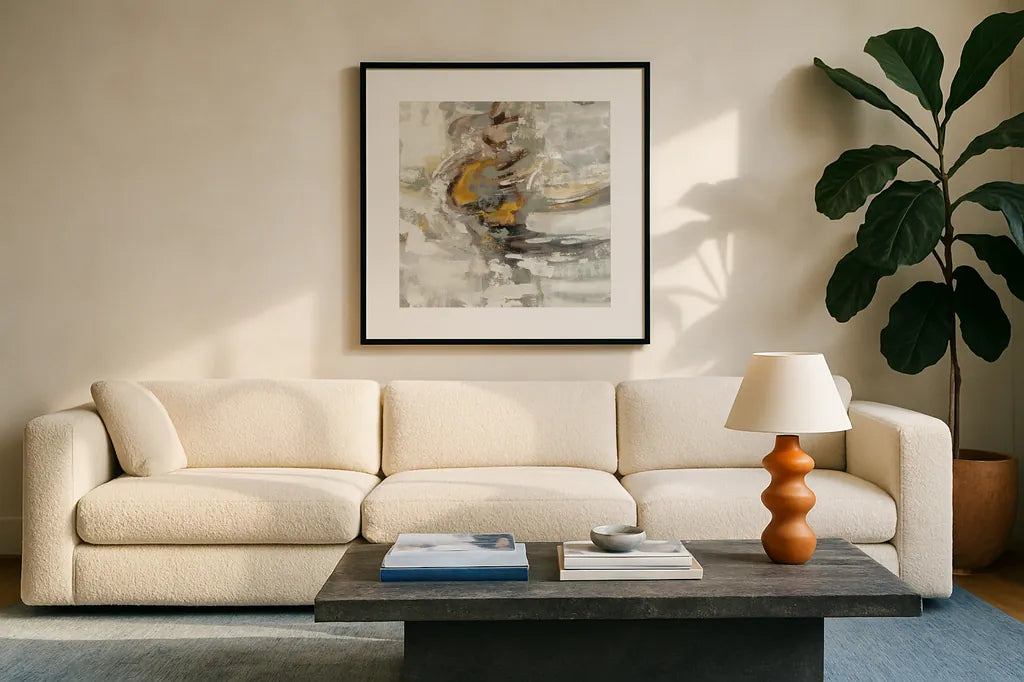 Amber Ring by Silvia Vassileva. Displayed in a glass frame with matte in a clean modern living room. Available as an archival giclee rolled canvas, fine art paper, or poster print. SKU 27120a.