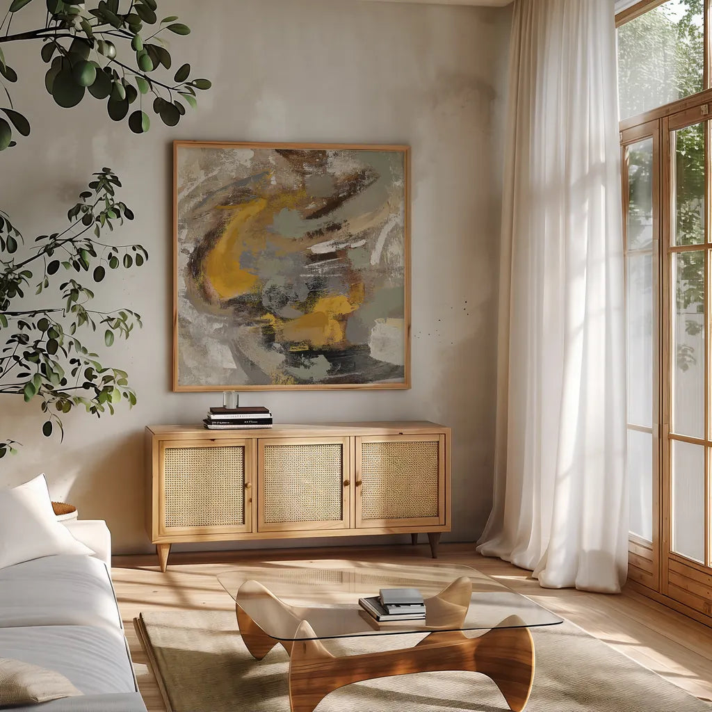 Amber Ring v2 by Silvia Vassileva. Shown in a natural wood frame in a cozy modern living room. Available as an archival giclee rolled canvas, fine art paper, or poster print. SKU 28414a.