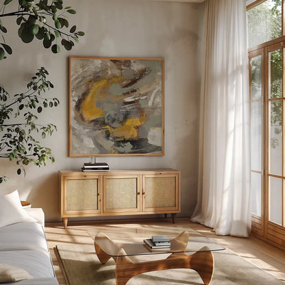 Amber Ring v2 by Silvia Vassileva. Shown in a natural wood frame in a cozy modern living room. Available as an archival giclee rolled canvas, fine art paper, or poster print. SKU 28414a.
