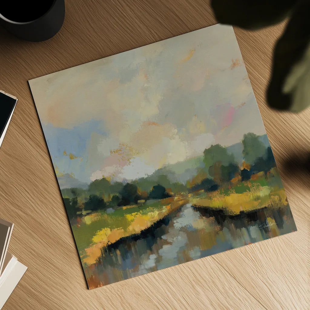 Amber Riverbank by Silvia Vassileva. Shown as a detailed flat fine art print, highlighting archival giclee quality. Available as an archival giclee rolled canvas, fine art paper, or poster print. SKU 89034a.