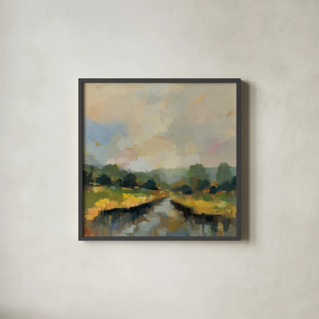 Amber Riverbank by Silvia Vassileva. Shown in a sleek black glass frame for a contemporary gallery look. Available as an archival giclee rolled canvas, fine art paper, or poster print. SKU 89034a.