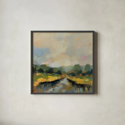 Amber Riverbank by Silvia Vassileva. Shown in a sleek black glass frame for a contemporary gallery look. Available as an archival giclee rolled canvas, fine art paper, or poster print. SKU 89034a.
