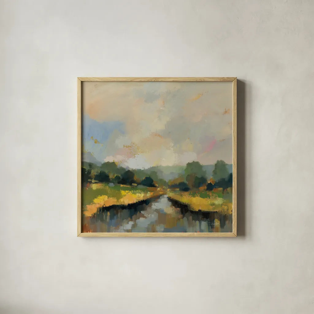 Amber Riverbank by Silvia Vassileva. Shown in a natural wood glass frame for a timeless modern aesthetic. Available as an archival giclee rolled canvas, fine art paper, or poster print. SKU 89034a.