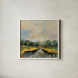 Amber Riverbank by Silvia Vassileva. Shown in a crisp white glass frame for a clean and minimalist style. Available as an archival giclee rolled canvas, fine art paper, or poster print. SKU 89034a.