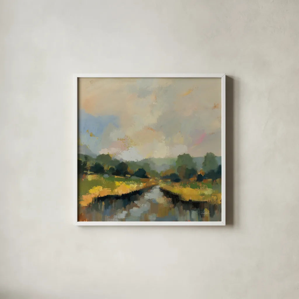 Amber Riverbank by Silvia Vassileva. Shown in a crisp white glass frame for a clean and minimalist style. Available as an archival giclee rolled canvas, fine art paper, or poster print. SKU 89034a.