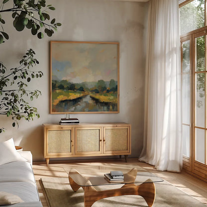 Amber Riverbank by Silvia Vassileva. Shown in a natural wood frame in a cozy modern living room. Available as an archival giclee rolled canvas, fine art paper, or poster print. SKU 89034a.