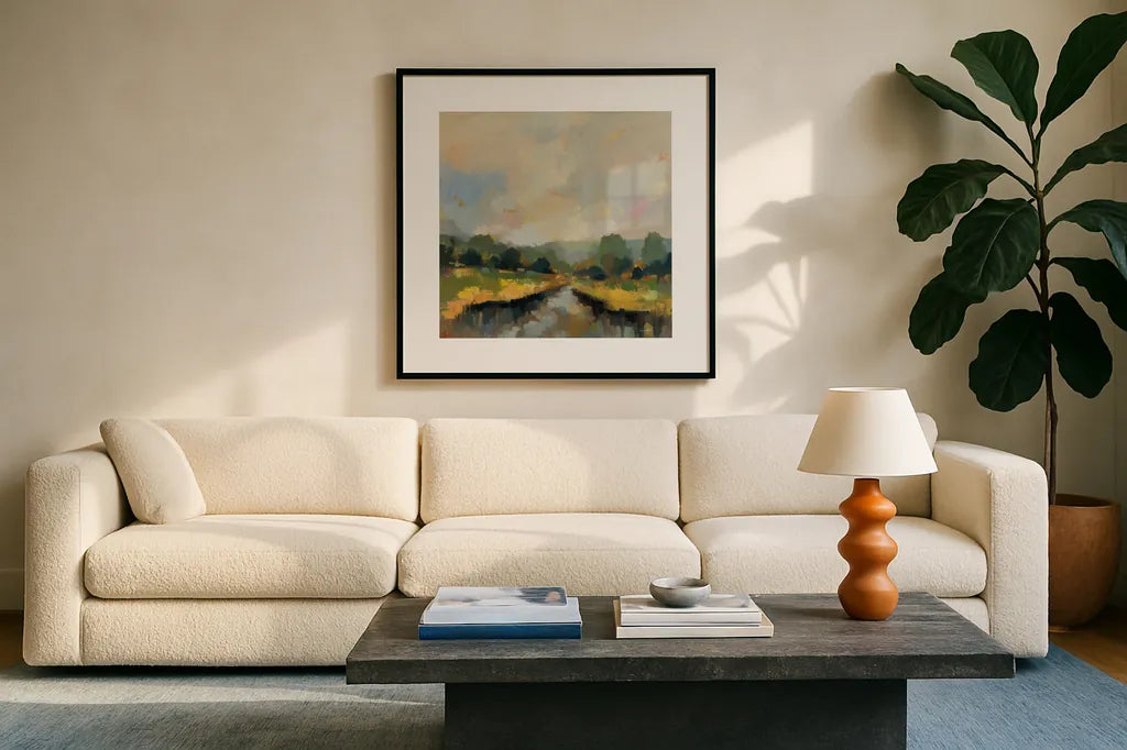 Amber Riverbank by Silvia Vassileva. Displayed in a glass frame with matte in a clean modern living room. Available as an archival giclee rolled canvas, fine art paper, or poster print. SKU 89034a.