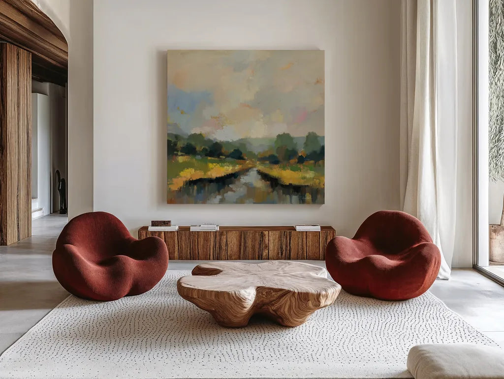 Amber Riverbank by Silvia Vassileva. Shown as extra-large giant wall art in a modern living room. Available as an archival giclee rolled canvas, fine art paper, or poster print. SKU 89034a.