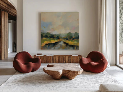 Amber Riverbank by Silvia Vassileva. Shown as extra-large giant wall art in a modern living room. Available as an archival giclee rolled canvas, fine art paper, or poster print. SKU 89034a.