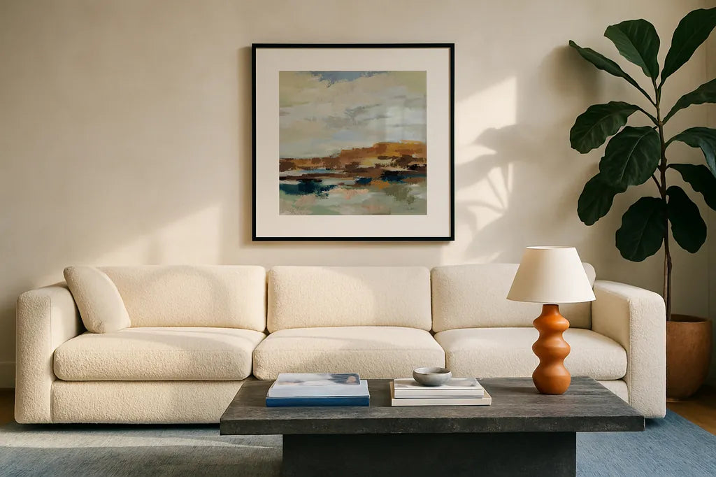 American West II by Silvia Vassileva. Displayed in a glass frame with matte in a clean modern living room. Available as an archival giclee rolled canvas, fine art paper, or poster print. SKU 97917a.