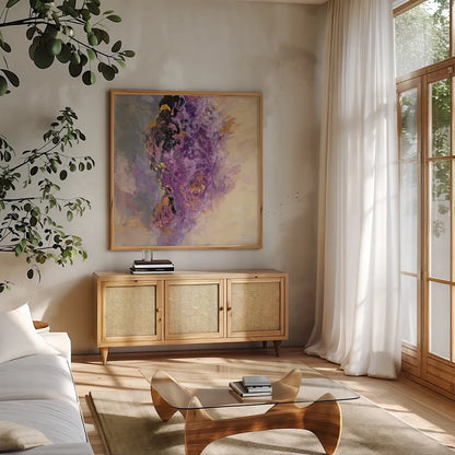 Amethyst by Silvia Vassileva. Shown in a natural wood frame in a cozy modern living room. Available as an archival giclee rolled canvas, fine art paper, or poster print. SKU 65599a.