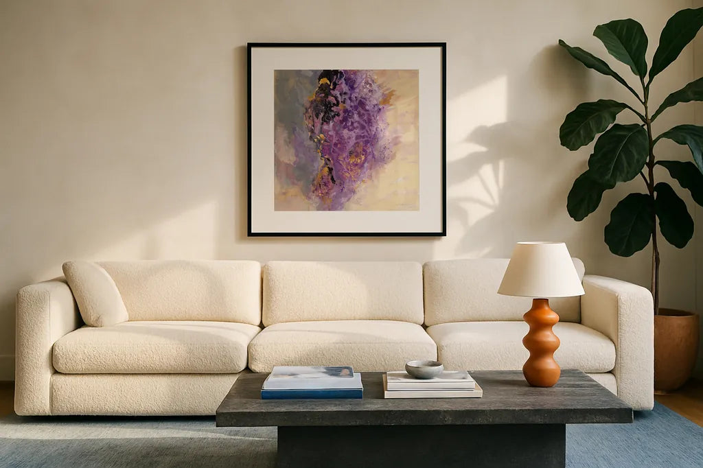 Amethyst by Silvia Vassileva. Displayed in a glass frame with matte in a clean modern living room. Available as an archival giclee rolled canvas, fine art paper, or poster print. SKU 65599a.