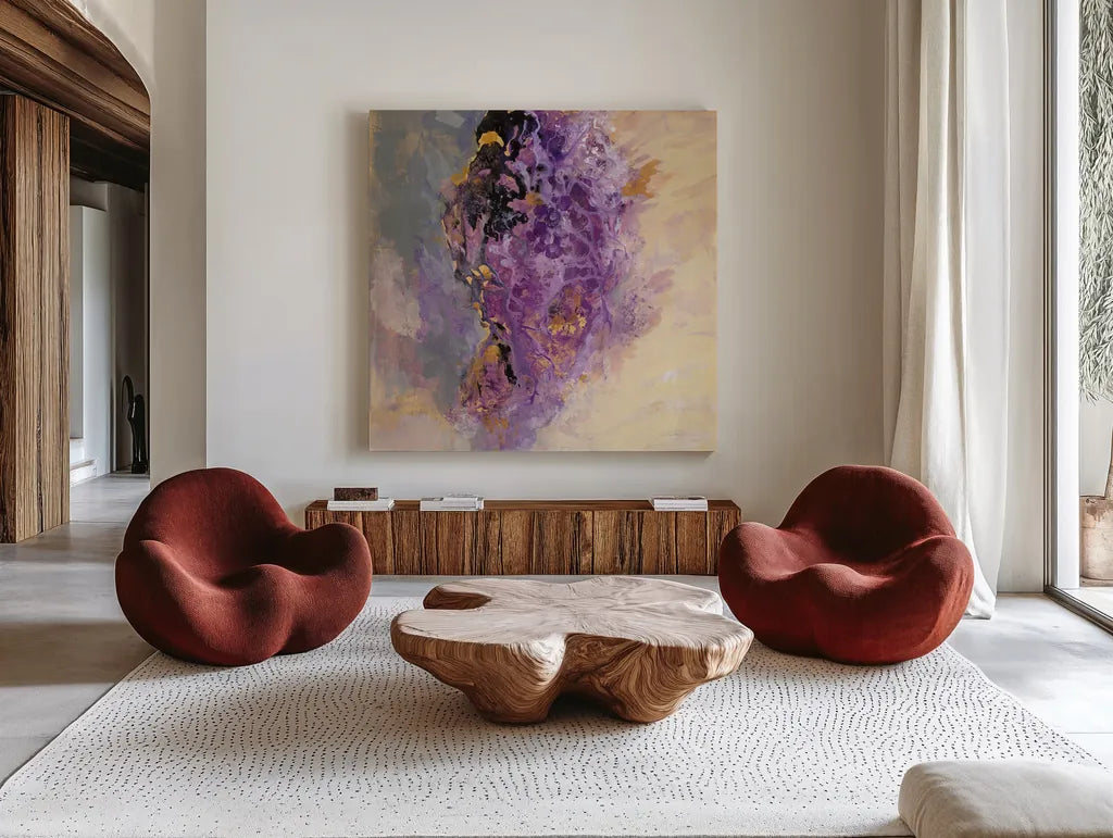 Amethyst by Silvia Vassileva. Shown as extra-large giant wall art in a modern living room. Available as an archival giclee rolled canvas, fine art paper, or poster print. SKU 65599a.