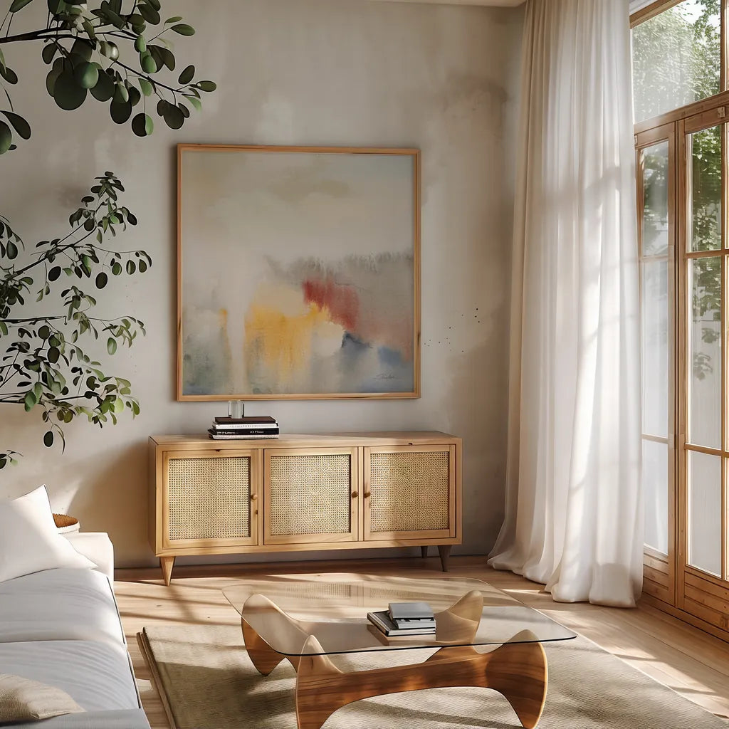 Ancient Ruins II by Silvia Vassileva. Shown in a natural wood frame in a cozy modern living room. Available as an archival giclee rolled canvas, fine art paper, or poster print. SKU 87417a.