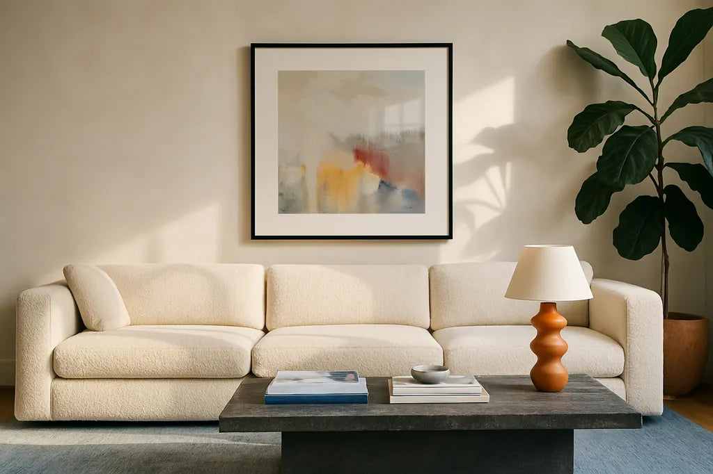Ancient Ruins II by Silvia Vassileva. Displayed in a glass frame with matte in a clean modern living room. Available as an archival giclee rolled canvas, fine art paper, or poster print. SKU 87417a.