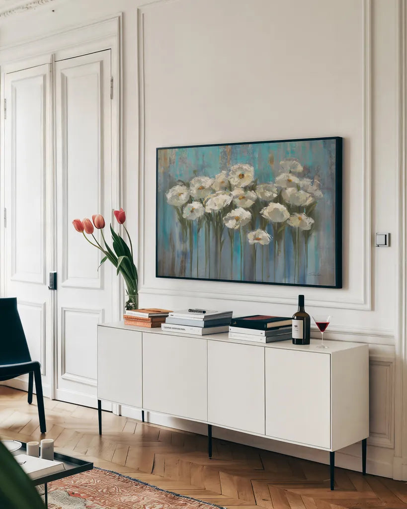 Anemones by the Lake by Silvia Vassileva. shown as a framed stretched canvas in a living room above a console. Available as a archival giclee rolled canvas, fine art paper, or poster print. SKU 1117i.