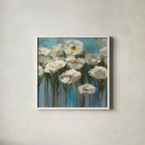 Anemones by the Lake Crop by Silvia Vassileva. Shown in a crisp white glass frame for a clean and minimalist style. Available as an archival giclee rolled canvas, fine art paper, or poster print. SKU 1033a.