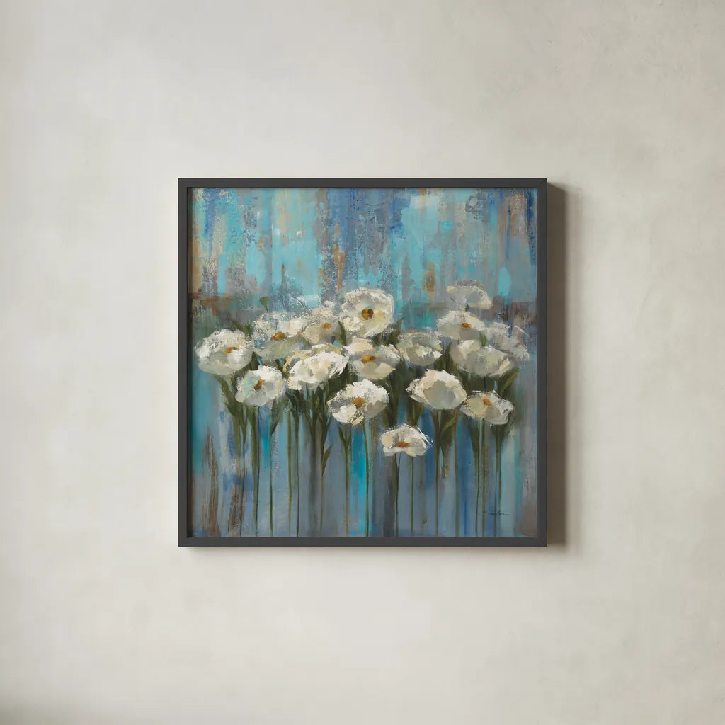 Anemones by the Lake Square by Silvia Vassileva. Shown in a sleek black glass frame for a contemporary gallery look. Available as an archival giclee rolled canvas, fine art paper, or poster print. SKU 97637a.