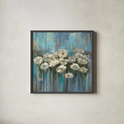 Anemones by the Lake Square by Silvia Vassileva. Shown in a sleek black glass frame for a contemporary gallery look. Available as an archival giclee rolled canvas, fine art paper, or poster print. SKU 97637a.