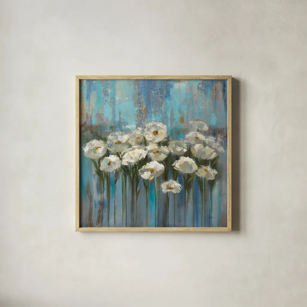 Anemones by the Lake Square by Silvia Vassileva. Shown in a natural wood glass frame for a timeless modern aesthetic. Available as an archival giclee rolled canvas, fine art paper, or poster print. SKU 97637a.